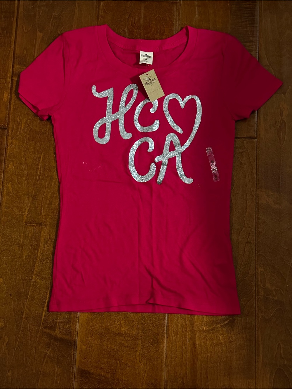 Hollister Girls' Hot Pink Short Sleeve Tee with Silver Glitter Logo